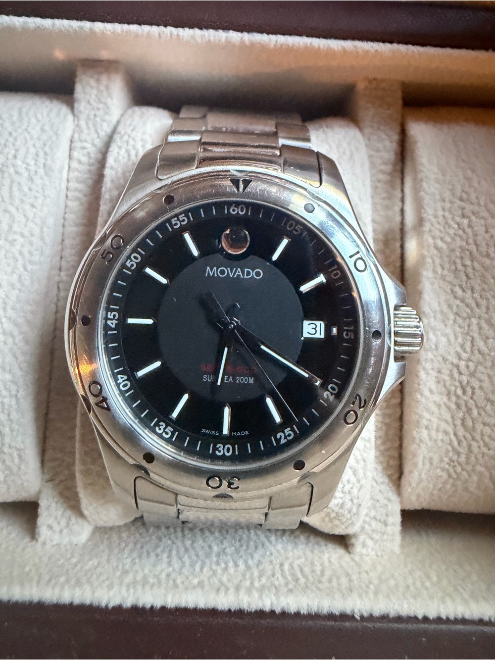 Movado Silver and Black Stainless Steel Men's Watch
40mm